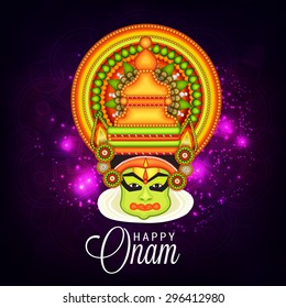 vector illustration of a colourful Kathakali face with heavy crown decorated with pearls and stone on shiny background for Onam celebration.