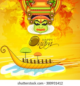vector illustration of a colourful Kathakali face with heavy crown decorated with pearls and stone on grungy colourful background for Onam celebration.