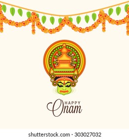 vector illustration of a colourful Kathakali face with heavy crown decorated with pearls and stone on  colorful background for Onam celebration.