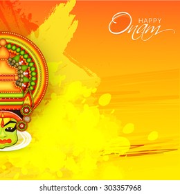 vector illustration of a colourful Kathakali face with heavy crown decorated with pearls and stone on grungy colorful background for Onam celebration.