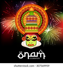 vector illustration of a colourful Kathakali face with heavy crown decorated colourful background for Onam celebration.