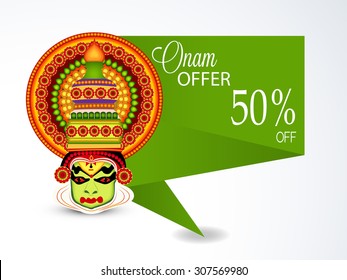 vector illustration of a colourful Kathakali face with heavy crown decorated colourful background for Onam celebration.
