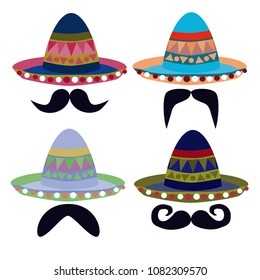 Vector illustration of colourful Mexican hats/Sombrero and moustache collection. A set of male character from Mexico.