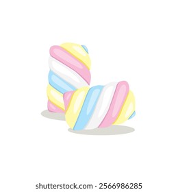 Vector illustration of colourful pastel Marshmallow twists. Pastel pink, yellow and blue. Sweet chewy candies