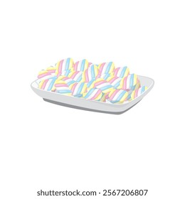 Vector illustration of colourful pastel Marshmallow twists on plate. Pastel pink, yellow and blue. Sweet chewy candies