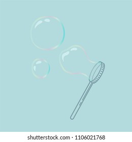 Vector illustration of colourful soap bubbles with blower stick - minimal iilustration on blue background