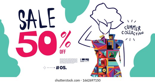 Vector illustration colourful women fashion summer sales banner discount 50% off. Summer design fashion collection. 
