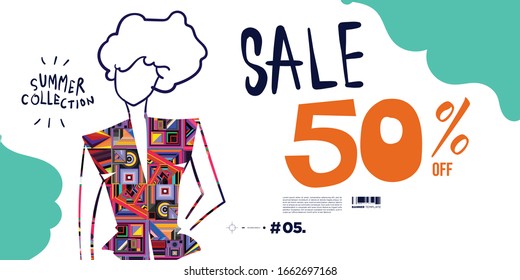 Vector illustration colourful women fashion summer sales banner discount 50% off. Summer design fashion collection. 
