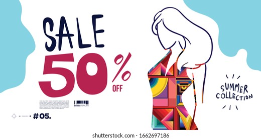 Vector illustration colourful women fashion summer sales banner discount 50% off. Summer design fashion collection. 
