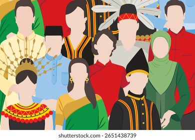 Vector illustration of colours of Malaysia. Malay, Indian, Chinese, India, Kadazan, Iban. Flat design. Malaysia main ethnic groups with traditional costume