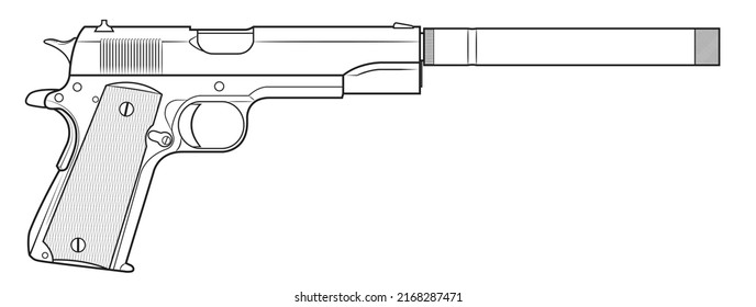 Vector illustration of the Colt 1911 automatic pistol with silencer on the white background