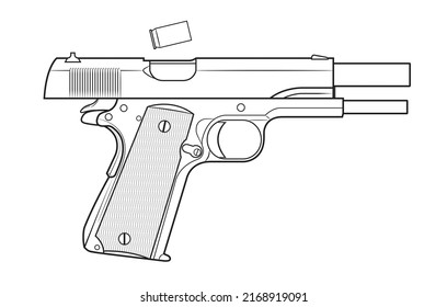 Vector illustration of the Colt 1911 automatic pistol with the breech in the rear position and the cartridge case falling out on a white background