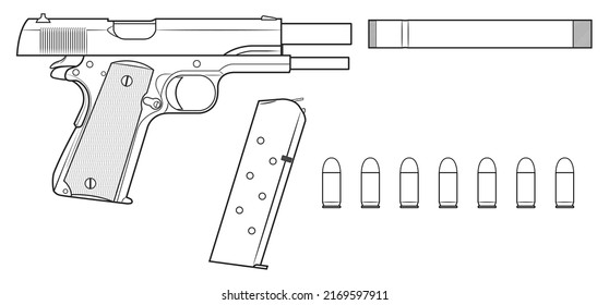Vector illustration of the Colt 1911 automatic pistol with a breech in the rear position and equipment such as a silencer, magazine and cartridges on a white background