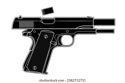 Ilustración vectorial de la pistola automática Colt 1911 con la abrazadera en la posición trasera y la caja del cartucho cayendo sobre un fondo blanco. Negro. Del lado derecho.