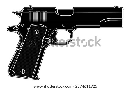 Vector illustration of the Colt 1911 automatic pistol. Black. Right side.