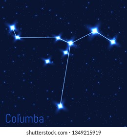 Vector illustration of Columba constellation. Astronomical Dove. Cluster of realistic stars in the dark blue starry sky.