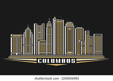 Vektorgrafik von Columbus, dunkles horizontales Poster mit linearem Design, berühmtes Columbus City-Umhang auf dunklem Himmelshintergrund, amerikanisches urbanes Kunstkonzept mit dekorativen Buchstaben für Textkolumbus