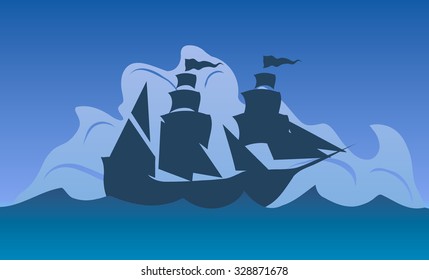 Vector illustration. Columbus Day. Silhouette of a ship at sea.