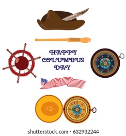 Vector illustration of Columbus hat, steering wheel, spyglass and compass. Happy Columbus day design elements, icons.