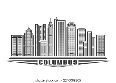 Vektorgrafik von Columbus, einfarbiges horizontales Zeichen mit linearem Design, berühmtes säulenförmiges Stadtbild, amerikanisches Konzept der urbanen Linien mit dekorativen Buchstaben für Textkolumbus auf weißem Hintergrund