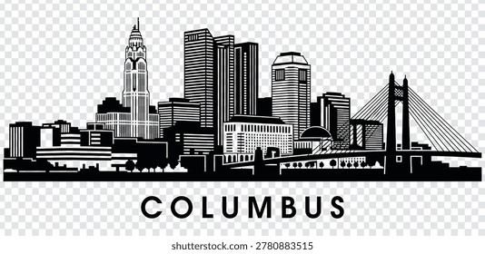 Vector illustration of the Columbus, Ohio city skyline. Detailed silhouette of the downtown buildings and the Main Street Bridge, isolated on white.