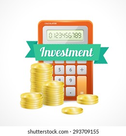 Vector Illustration  Columns Of Gold Coins With Calculator Isolated On White.