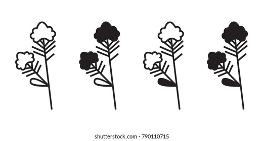 Vector illustration of colza plant with flower isolated on white background. Icon set.