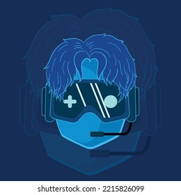 vector illustration coma hair boy with goggles gaming. for gamers and streamer logo, mascot, youtuber gaming etc