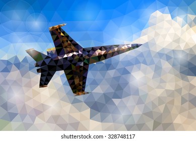 Ilustración vectorial de las aeronaves de combate. Jet fighter sobrevolando las nubes. Mosaico poligonal. Las nubes en el cielo. Cielo de mosaico poligonal. Estilo triangular de polos bajos. Plantilla para afiche.