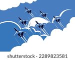 Vector illustration of the combat formation of military aircraft and fighters flying in the clouds, aviation show, eps10