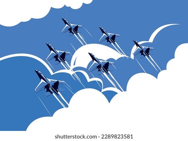 Vector illustration of the combat formation of military aircraft and fighters flying in the clouds, aviation show, eps10