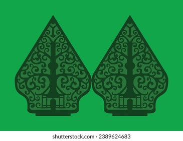 Vector illustration of a combination artwork of carvings inside a mountain. image of two parallel mountains. with variations of typical Indonesian carvings.