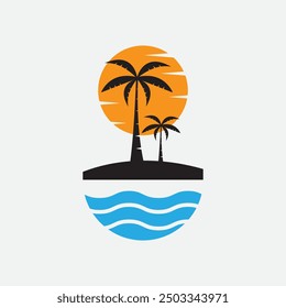 Ilustración vectorial de una combinación de árboles de coco, olas del océano y logotipos de la puesta del sol. Se puede utilizar para la marca corporativa, diseño de camiseta, fondo y otros usos.