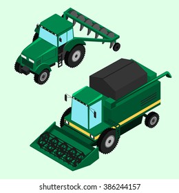 Vector illustration. Combine for harvesting and tractor with plow isolated.