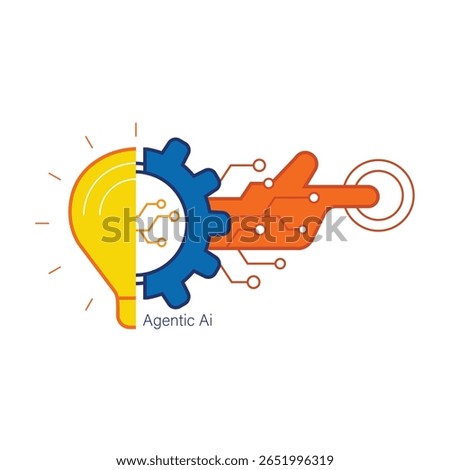 Vector illustration combining a lightbulb, gear, and circuit-hand, symbolizing Agentic AI, where innovation meets intelligent action. Ideal for tech, automation, and AI-driven solutions.