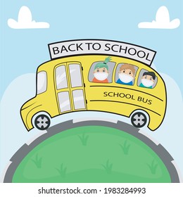 Vector Illustration of Come Back School Student on Bus and Sky Background.