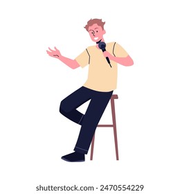 A vector illustration of a Comedy show in which a comedian with a microphone in his hands delivers a humorous monologue, entertaining the crowd with jokes