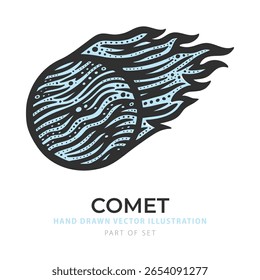 Ilustração vetorial do cometa com textura azul gelada e cauda dinâmica da chama. Estilo de gravação desenhado à mão com contraste arrojado, perfeito para imagens de ciência e espaço. Parte do conjunto.