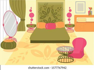 Vector Illustration Comfortable Beautiful Bedroom. Modern Trendy Bedroom Interior in an Apartment or House. Middle Room there is Bed with Pillows, next to Round Tables with Tall Lamps.