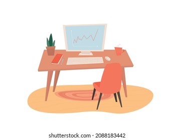 Ilustración vectorial, cómodo lugar de trabajo. Concepto de independiente o de oficina en el hogar. Mesa con ordenador, planta, taza de café, libro y silla. Composición plana para anuncios, carteles, afiches