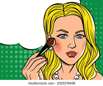 Vector illustration in comic art style of  pretty woman with blush brush.  Glamour lady with blonde hair doing makeup over halftone dot background