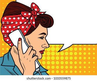 Vector illustration in comic art style of  pretty woman talking by phone. Female's face in profile with dark hair holding retro phone in her hand