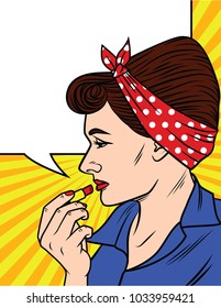 Vector illustration in comic art style of  pretty woman doing makeup. Vintage style lady with red headband holding red color lipstick in her hand