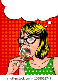Vector illustration in comic art style of pretty emotional woman drinking alcohol. Lady in glasses holding glass with alcohol in her hand