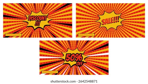 Vector illustration comic background with red and yellow color variations. With half tone pattern. Bubble text sales, discounts etc. Suitable for marketing design on the web, advertisements etc.