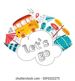 Vector illustration of a comic book journey. Planning a summer vacation, adventure or business trip. Objects of travel and passenger baggage for advertising, website, banner