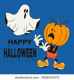 Ilustración vectorial con cómics, personajes de dibujos animados retro calabaza y espeluznante. Postal cuadrada, portada, publicación en redes sociales, cartel, pegatina "Feliz Halloween". Fondo azul.