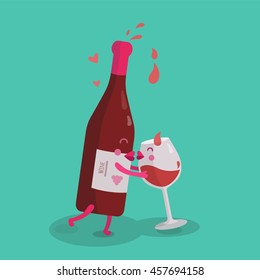 Vector illustration of comic characters amorous bottle of wine and glass of wine. Vector funny cartoon.