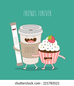 Vector illustration of comic characters coffee sugar sticks and airy cake with strawberries friends forever. You can use in the menu, in the shop, in the bar, the card or stickers. Easy to edit. 