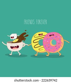 Vector illustration of comic characters coffee sugar and donut friends forever. You can use in the menu, in the shop, in the bar, the card or stickers. Easy to edit. 